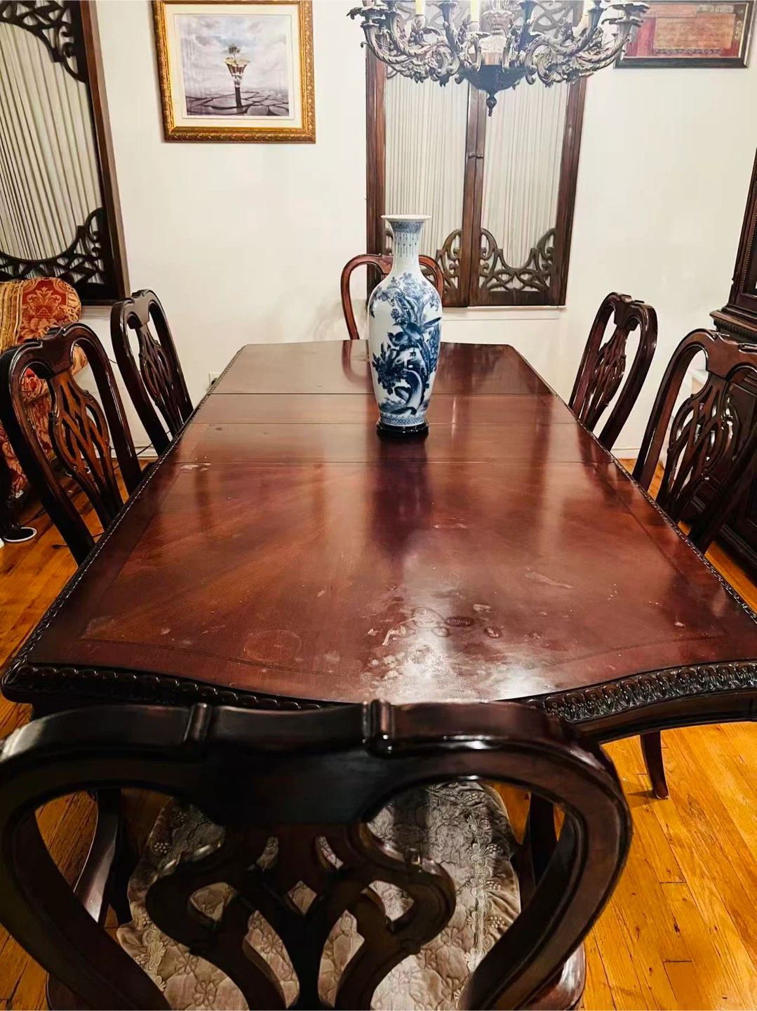 Large Mahogany China Cabinet with  table plus chairs - photo 2