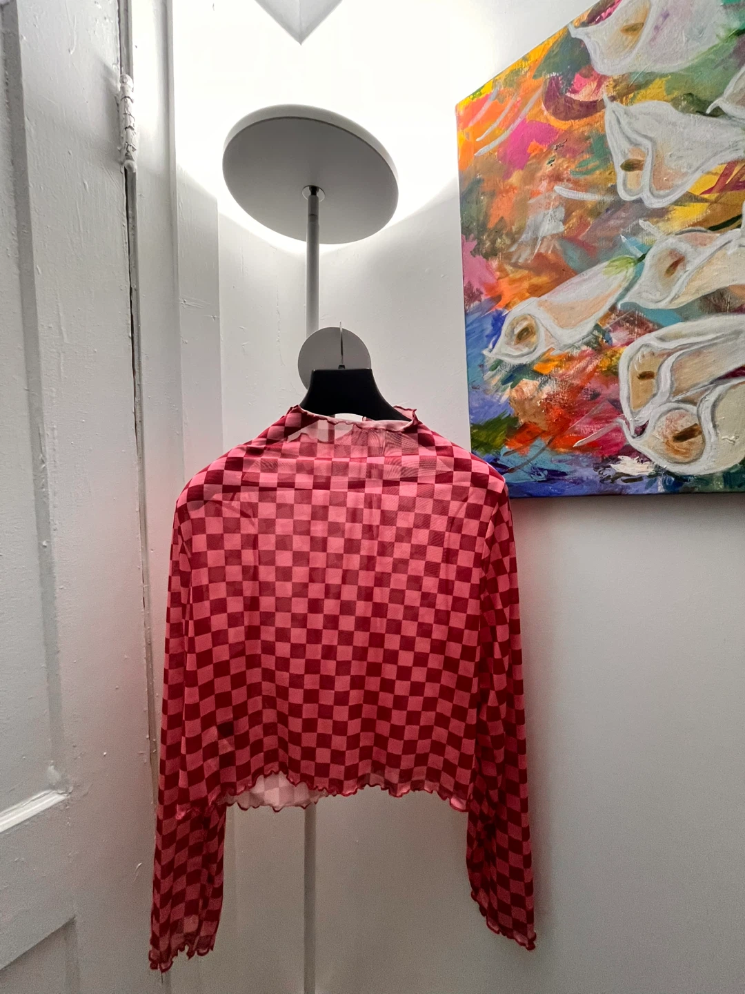 Red Checkered Sheer Long Sleeve Top