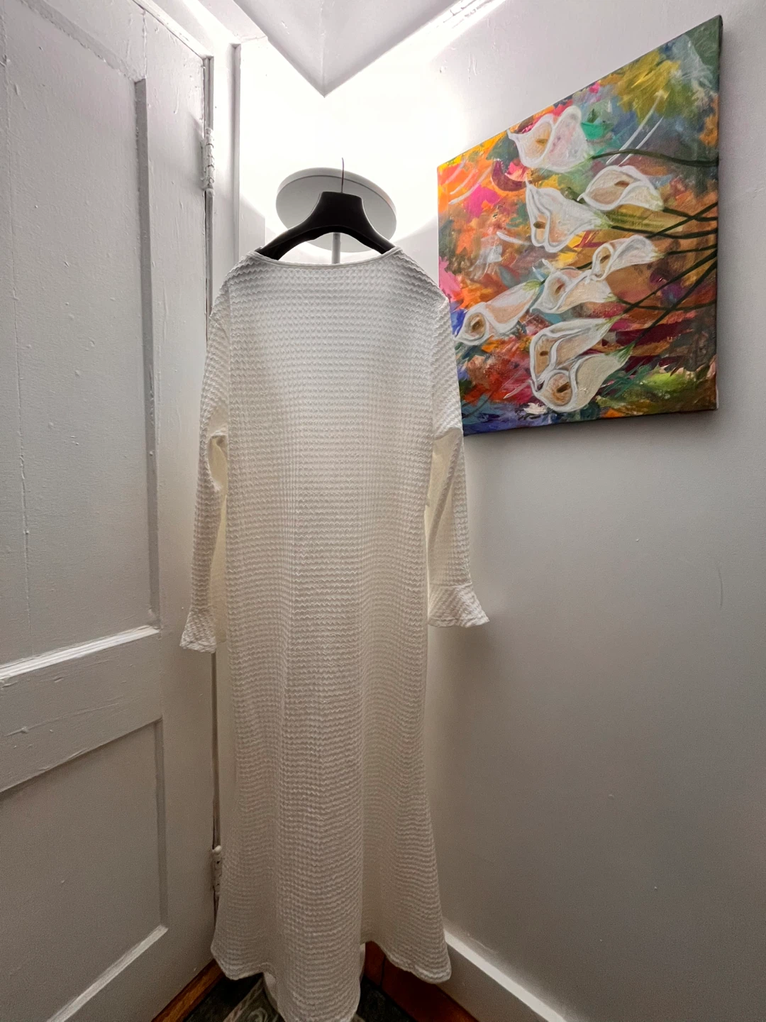 White Waffle Knit Maxi Dress with Ruffle Trim