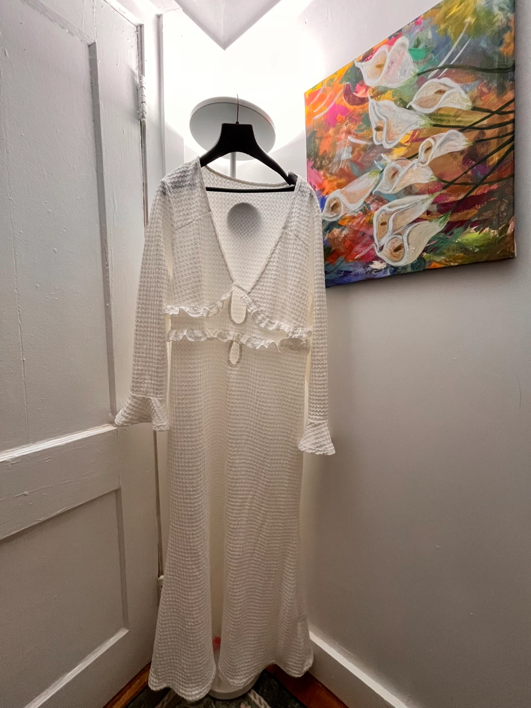 White Waffle Knit Maxi Dress with Ruffle Trim - photo 2