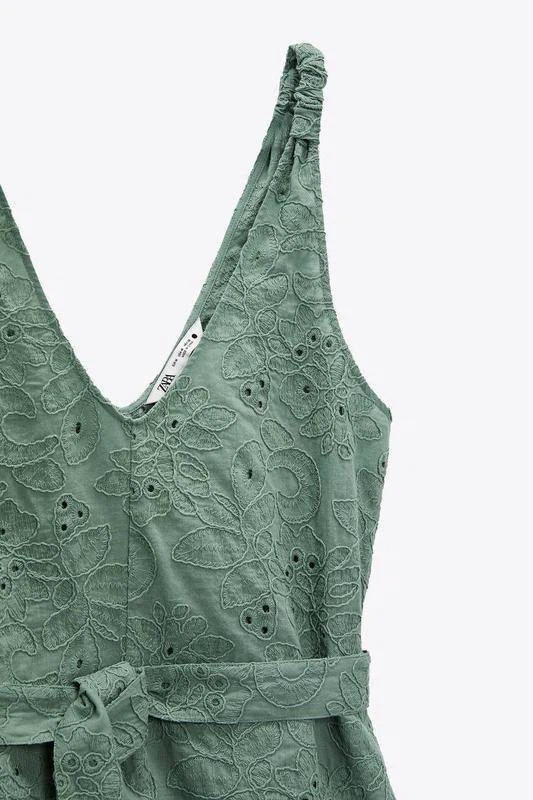 ZARA Green Embroidered Summer Jumpsuit – Size L - photo 3