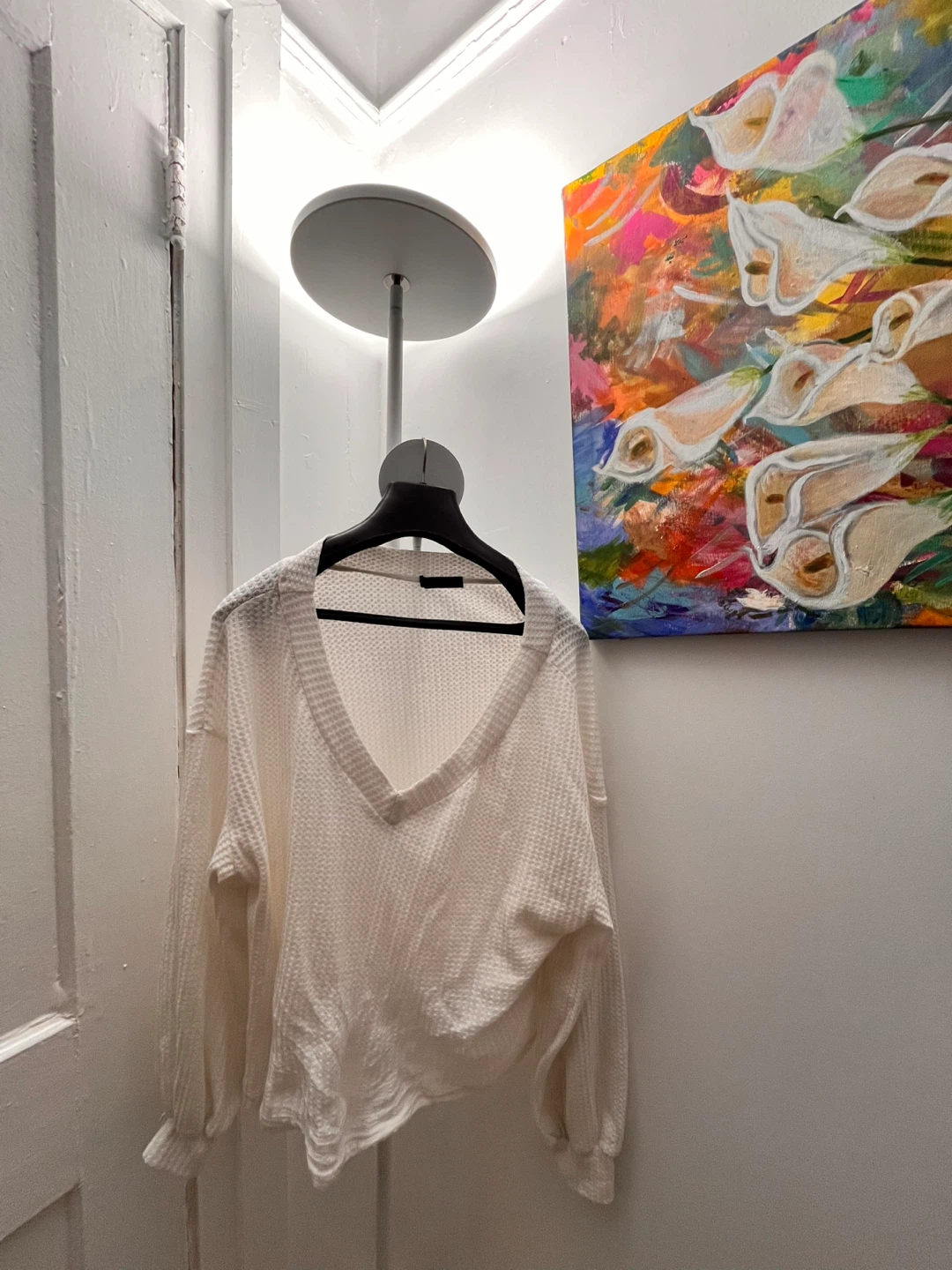 White Thermal V-Neck Long Sleeve Top