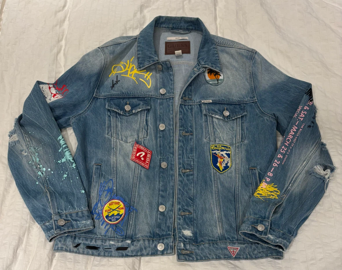 Guess Denim Jacket with Patches and Graphics - Size L