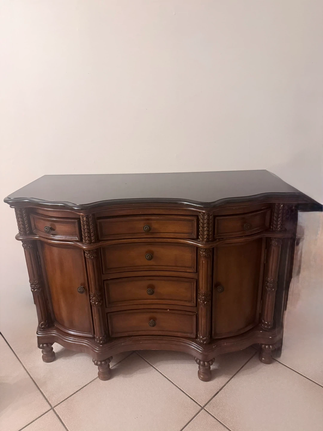 Antique Wood Dresser Cabinet with Drawers and Doors