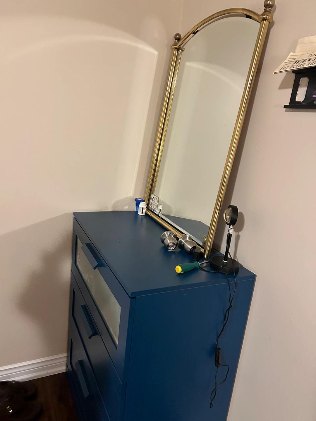 Blue 3-Drawer Dresser with Glass Panel