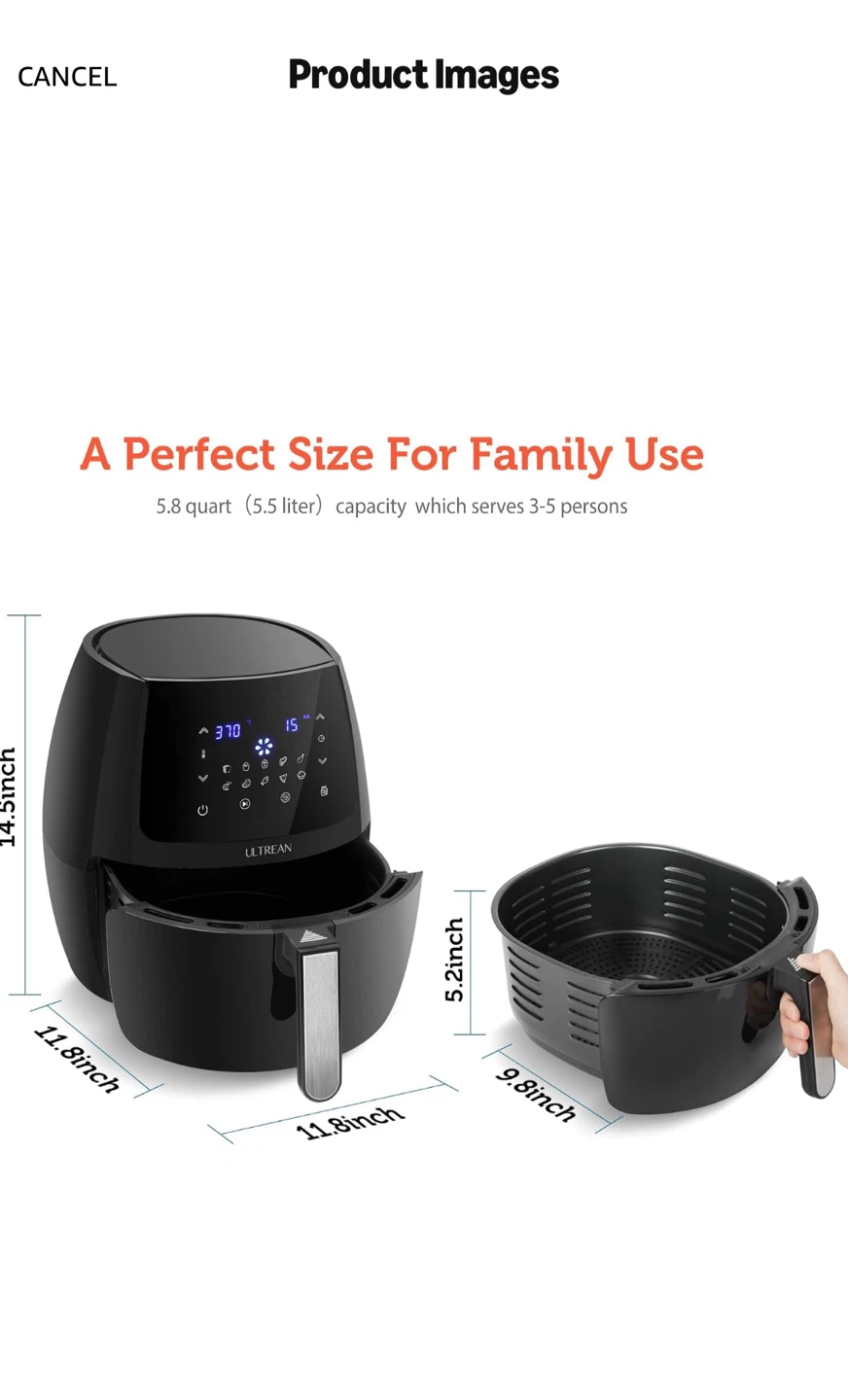 ULTREAN Air Fryer 5.8 Quart Black