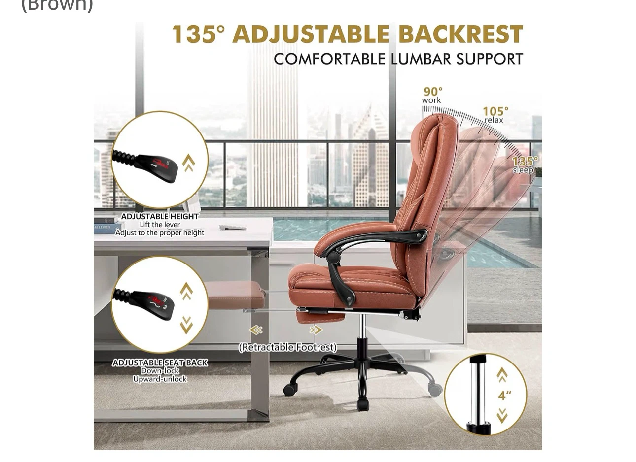 Brown Executive Office Chair with Footrest - photo 5