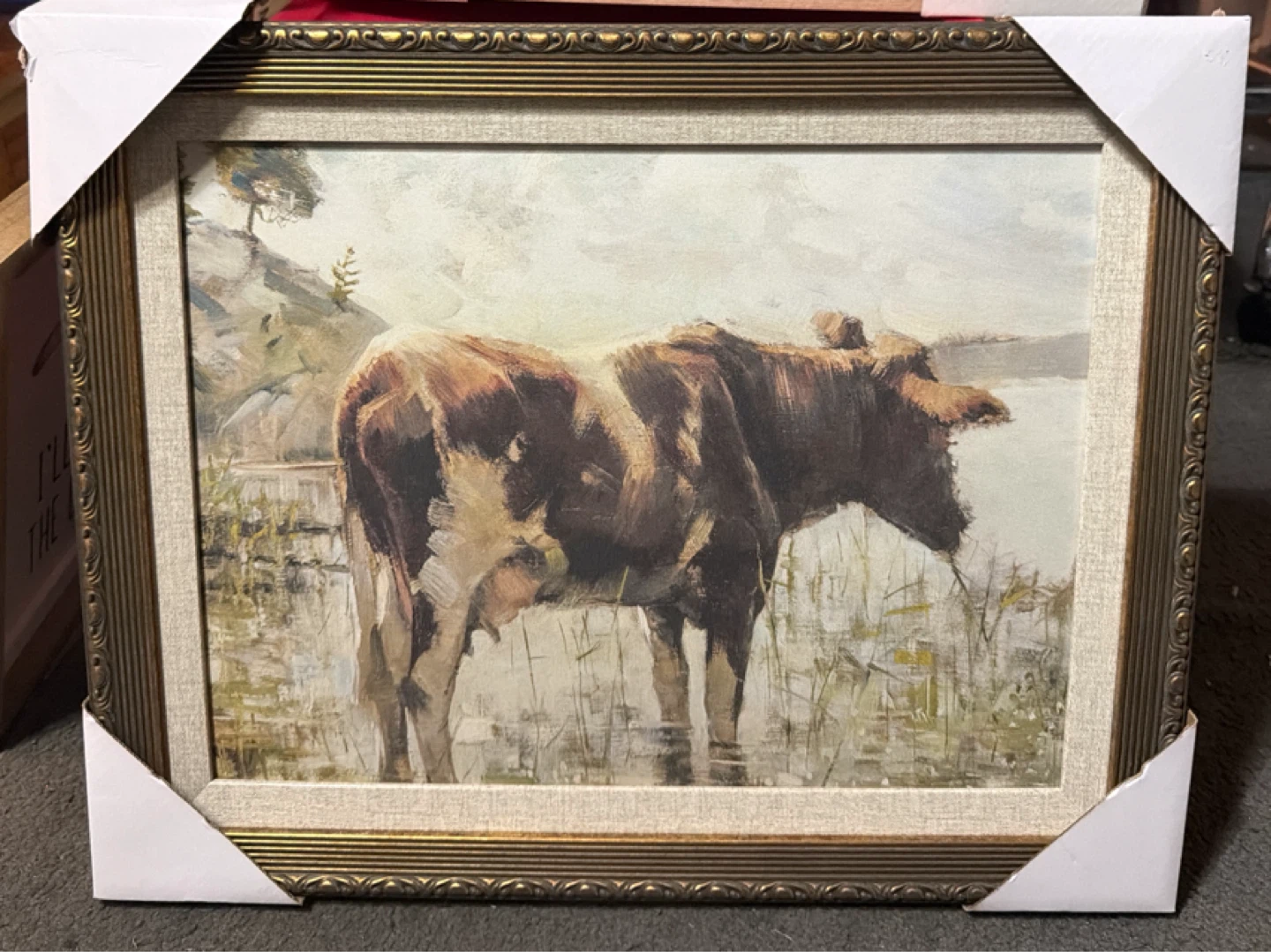 Framed Countryside Cow Painting