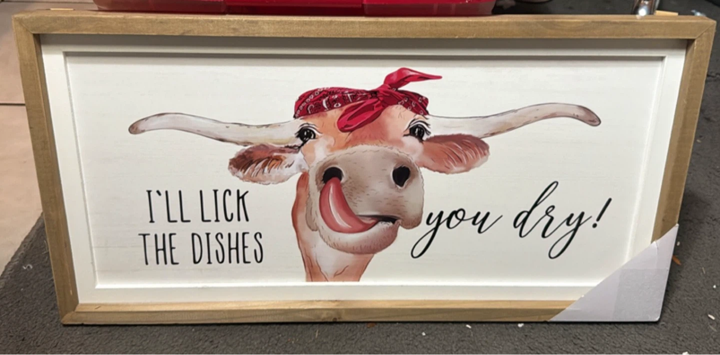 Farmhouse Cow "I'll Lick The Dishes You Dry!" Kitchen Wall Art