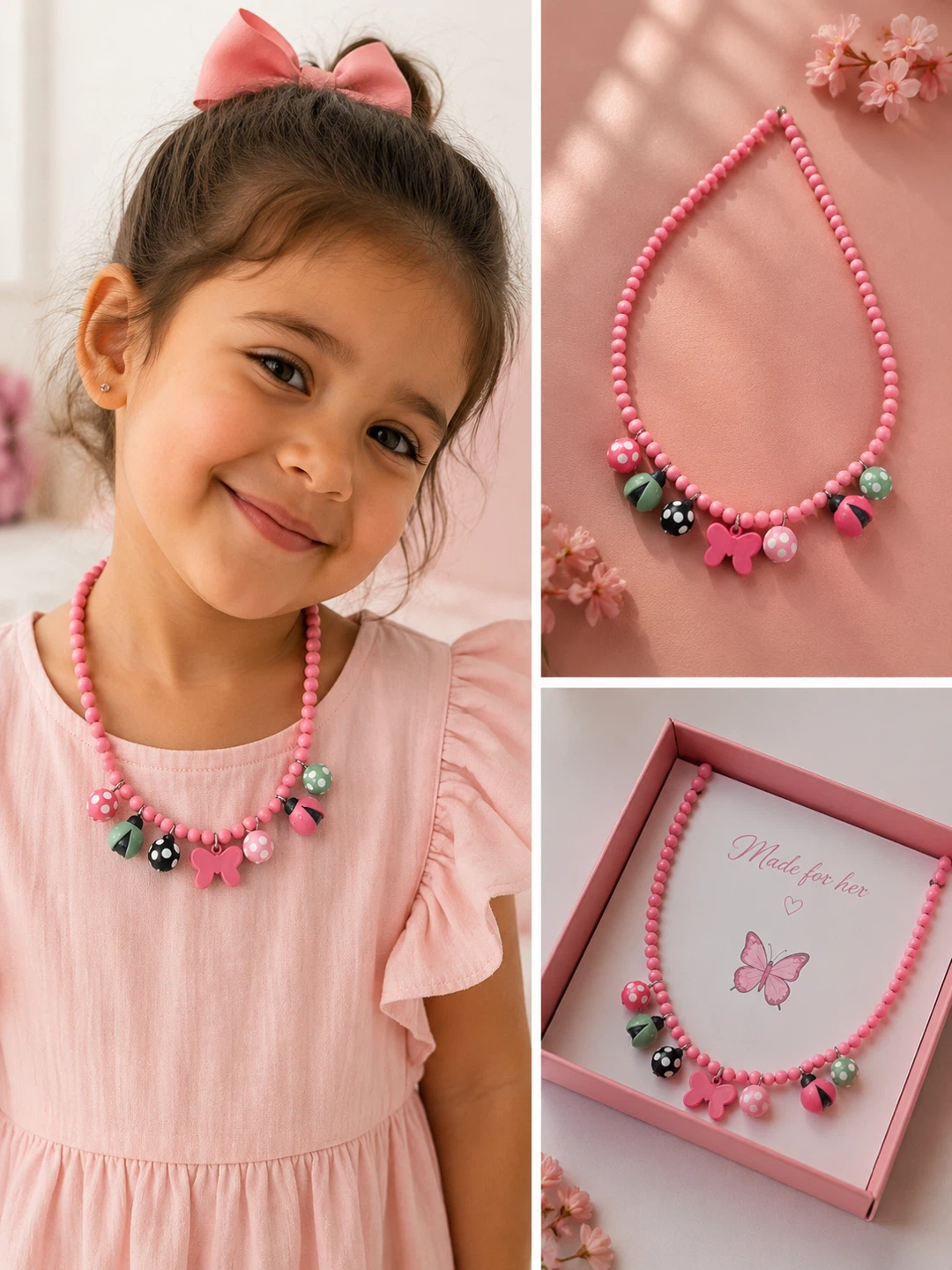 Pink Beaded Necklace with Charms