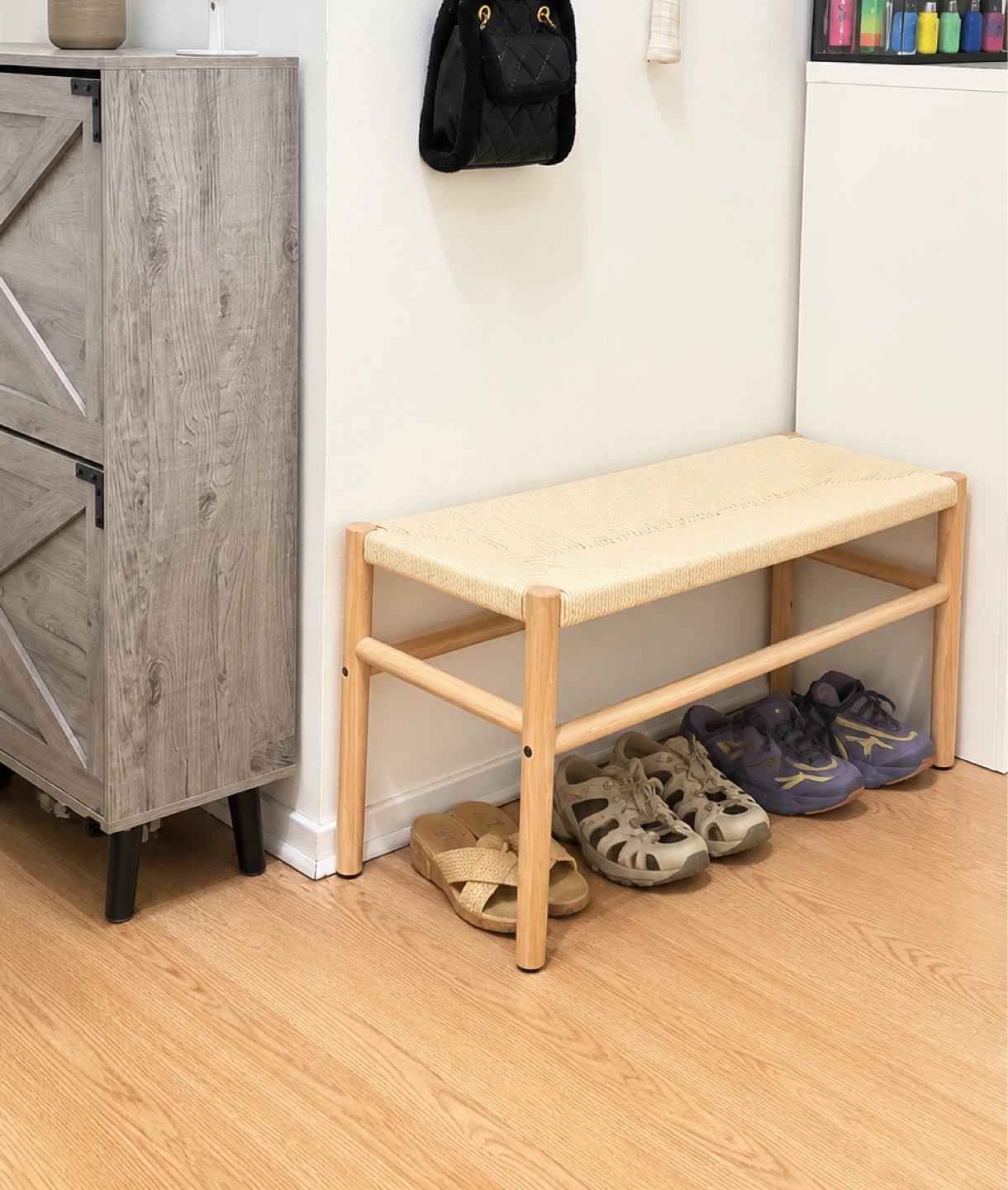 Woven Seat Entryway Bench with Wood Frame