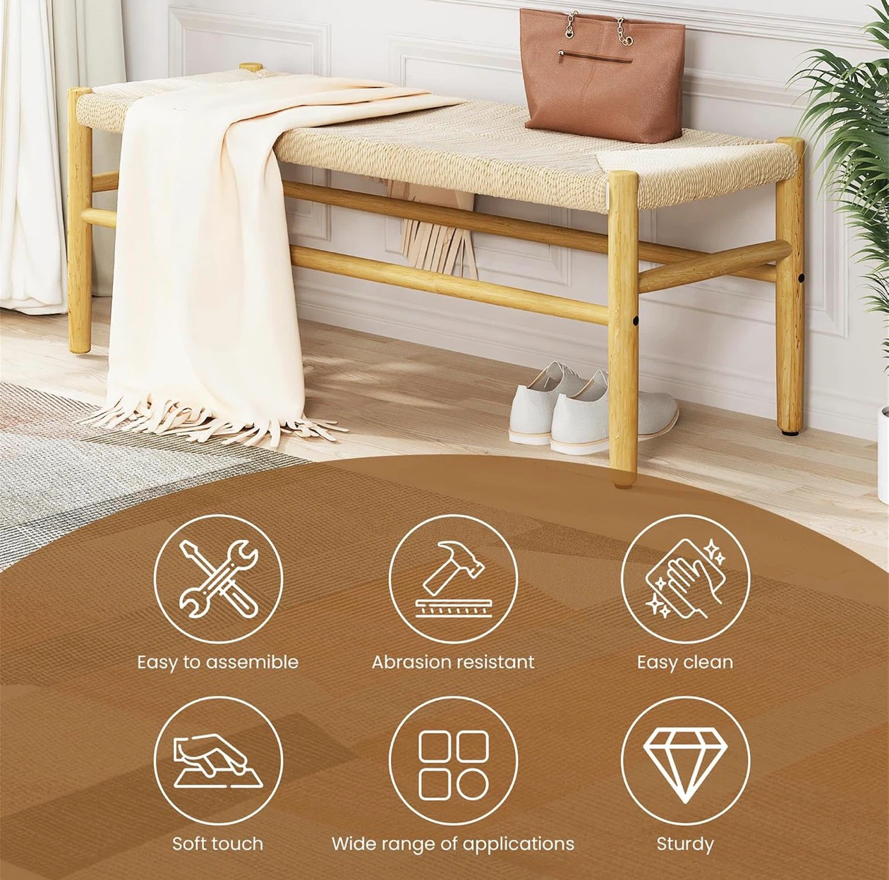 Woven Seat Entryway Bench with Wood Frame - photo 3