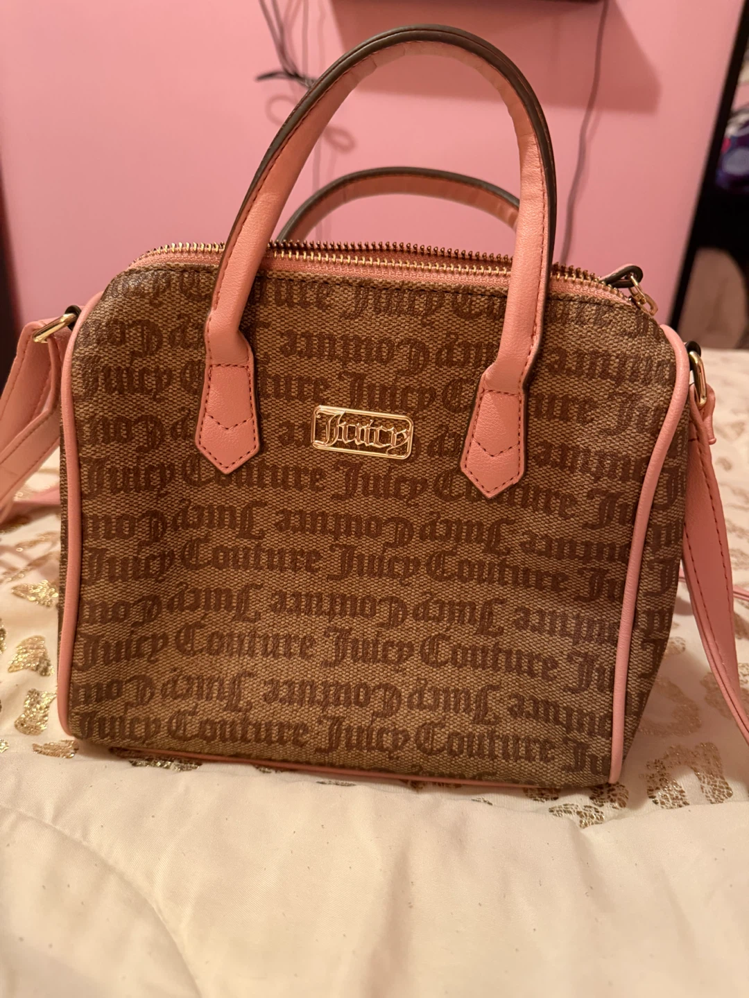 Juicy Couture Logo Print Satchel Purse Bag Pink Trim