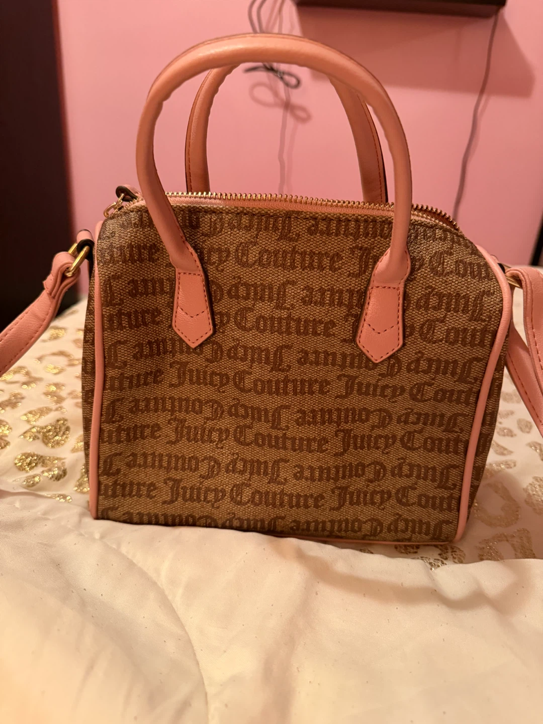 Juicy Couture Logo Print Satchel Purse Bag Pink Trim - photo 2