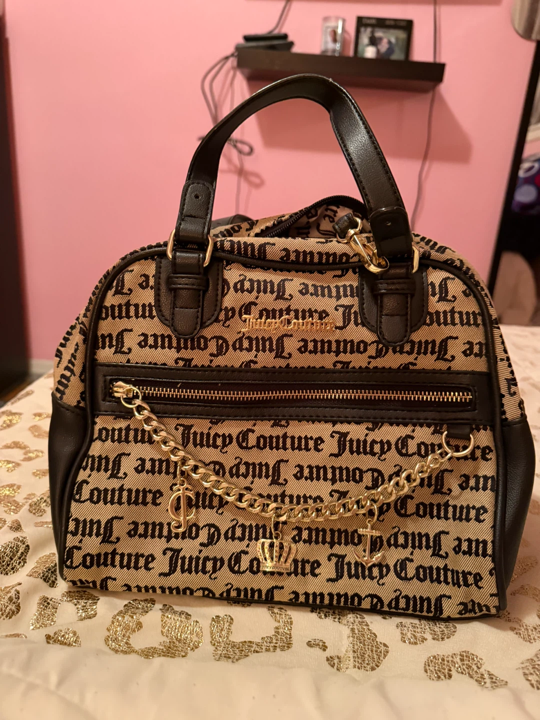 Juicy Couture Tan Canvas & Brown Leather Satchel Handbag