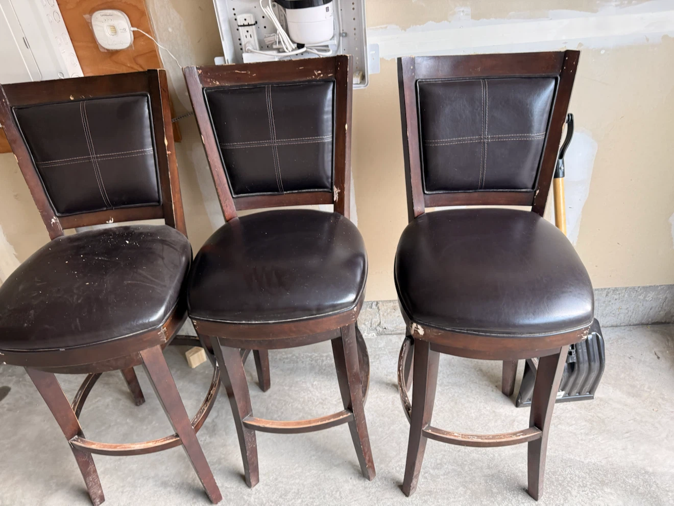Set of 3 Brown Bar Stools with Dark Wood Frame