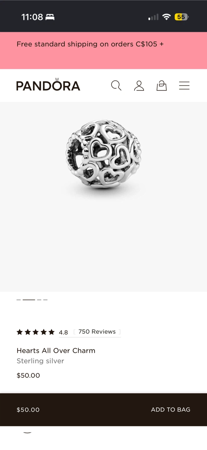 Pandora Sterling Silver Heart Charm