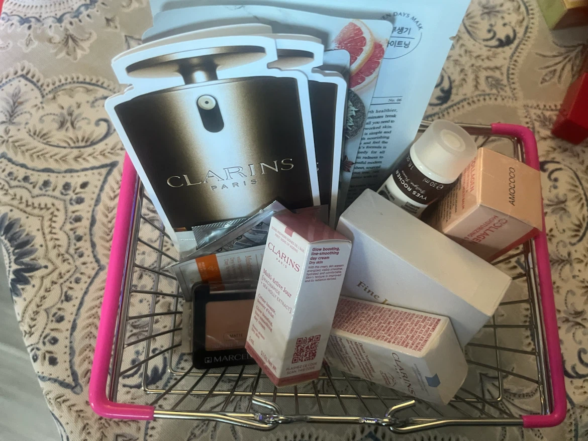 Clarins, Yves Rocher, and other beauty products gift basket