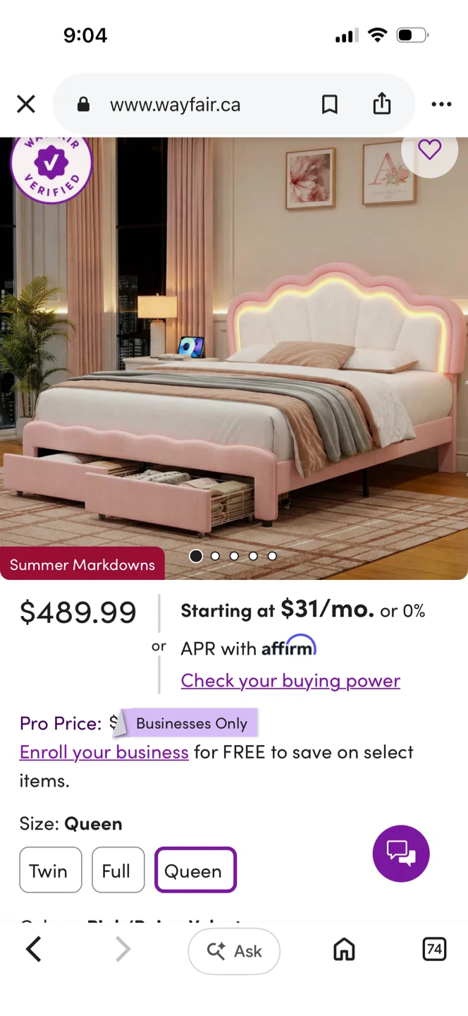 Queen Size Bed Frame with Headboard - Pink