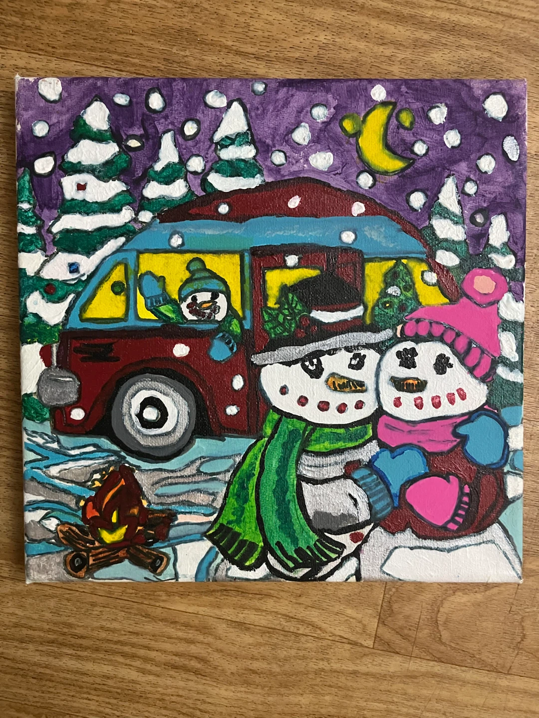 Hand-Painted Winter Scene with Snowmen