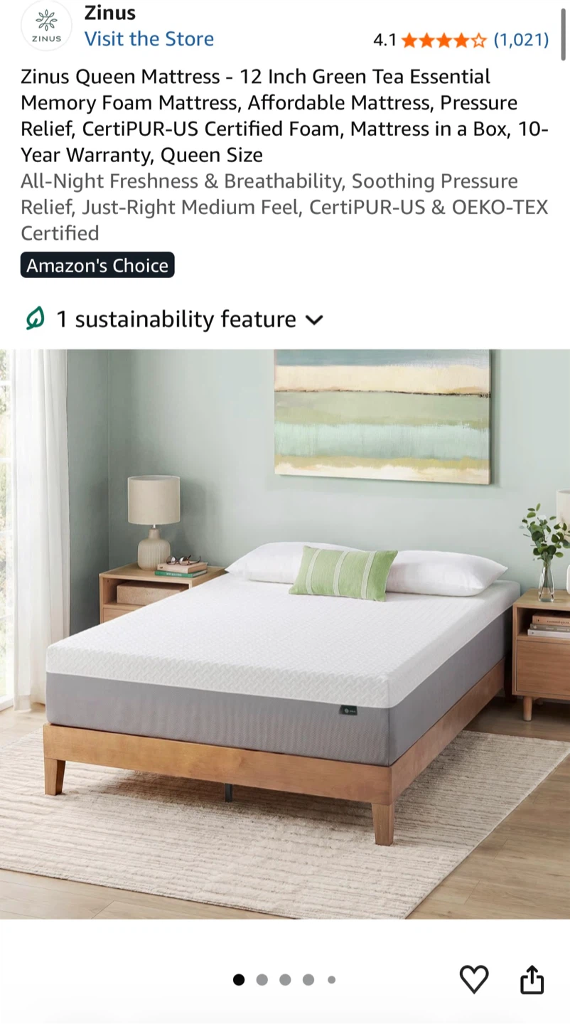 Zinus Queen Mattress - 12 Inch Green Tea Essential Memory Foam