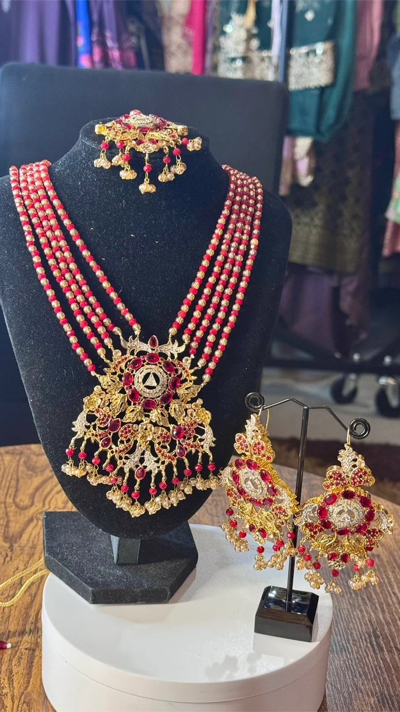 Gold Red Beaded Choker Necklace Set with Earrings and Tikka