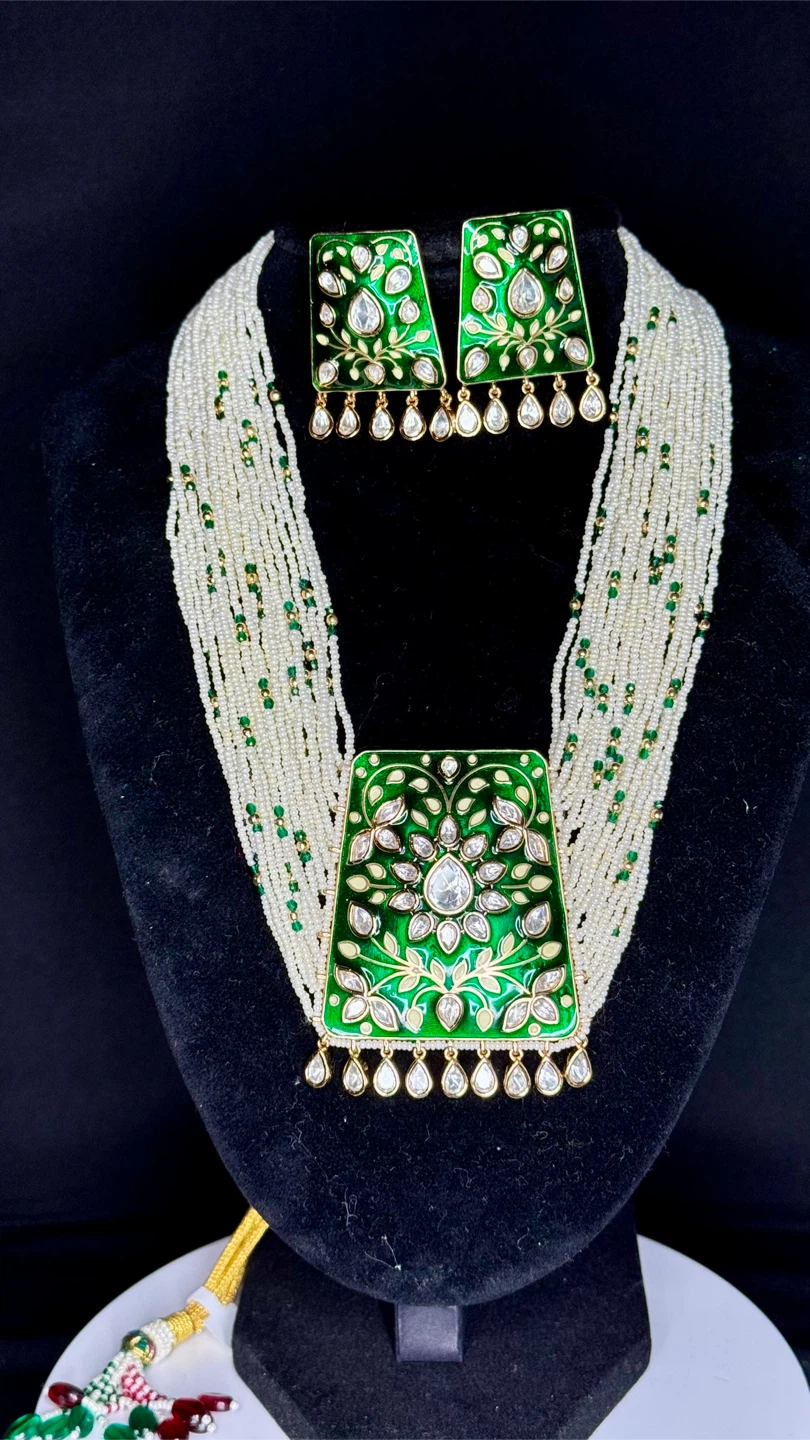 Green Enamel gold plated Pendant Necklace and Earrings Set