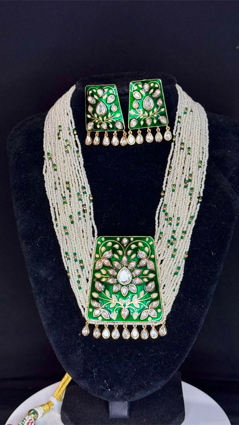 Green Enamel gold plated Pendant Necklace and Earrings Set - photo 2