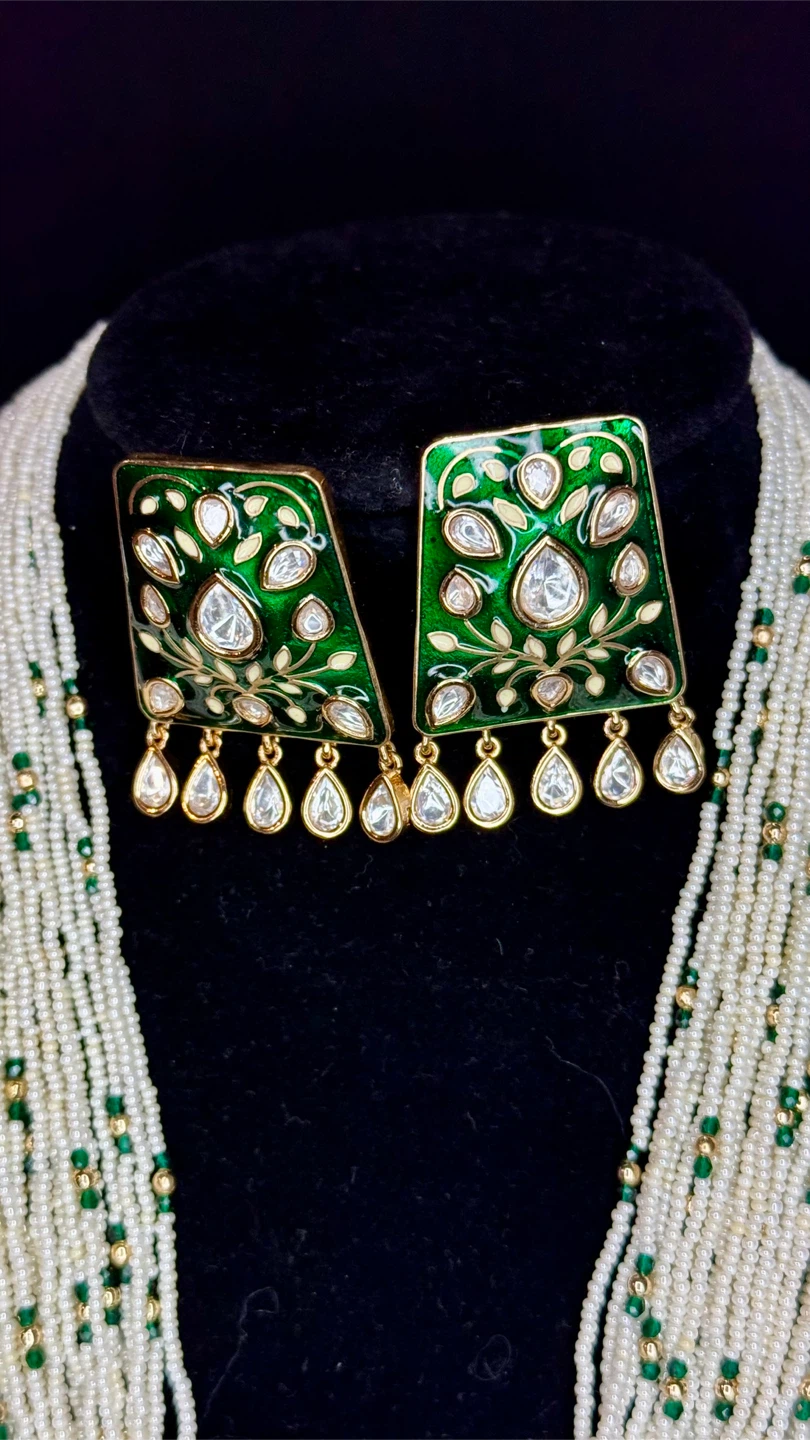 Green Enamel gold plated Pendant Necklace and Earrings Set - photo 4