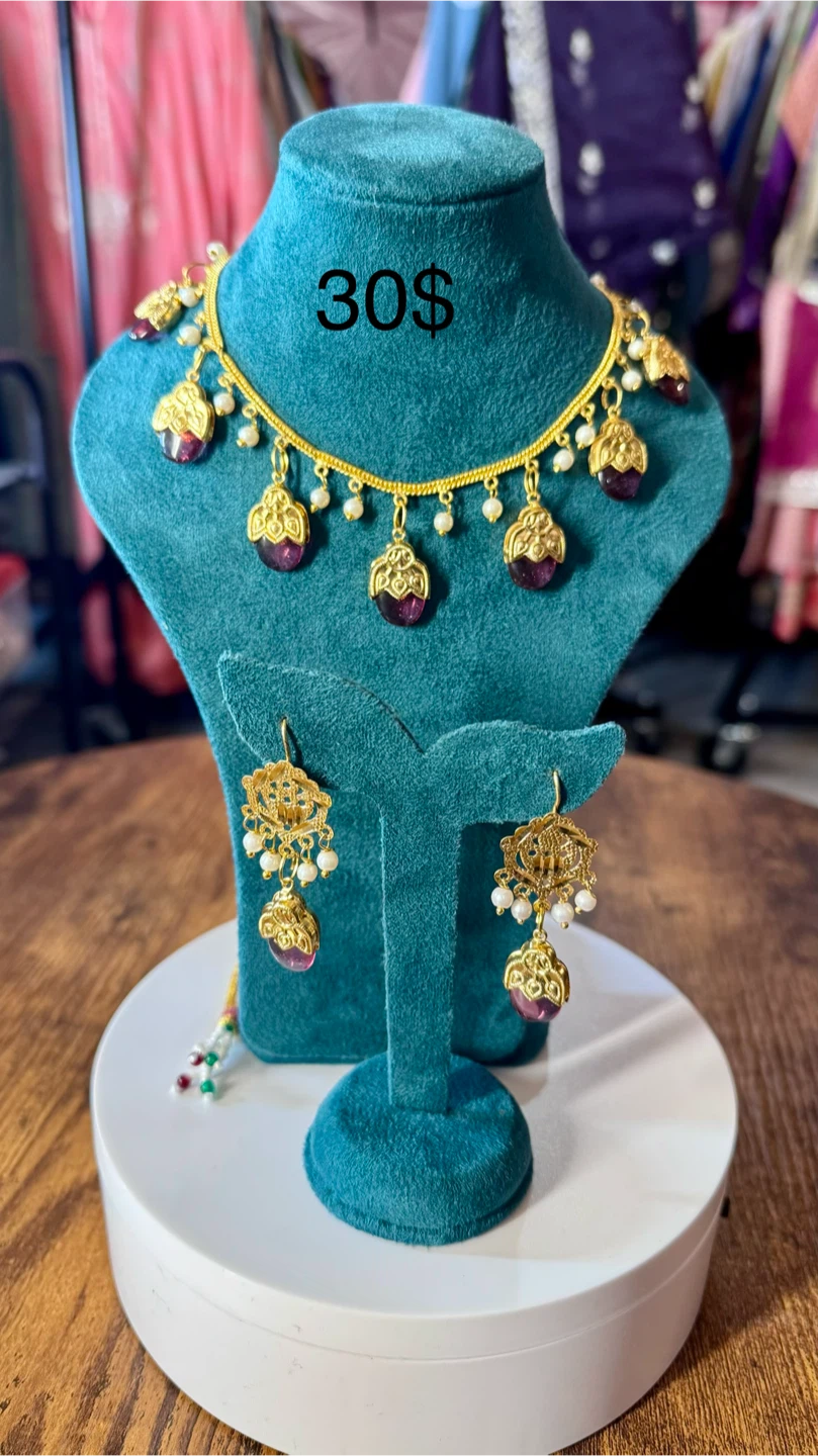 Gold Tone Necklace and Earring Set with Purple Stones