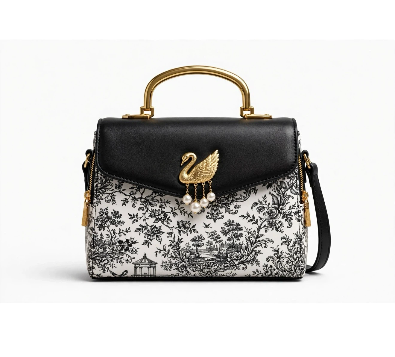 Black and White Floral Top Handle Bag with Swan Charm