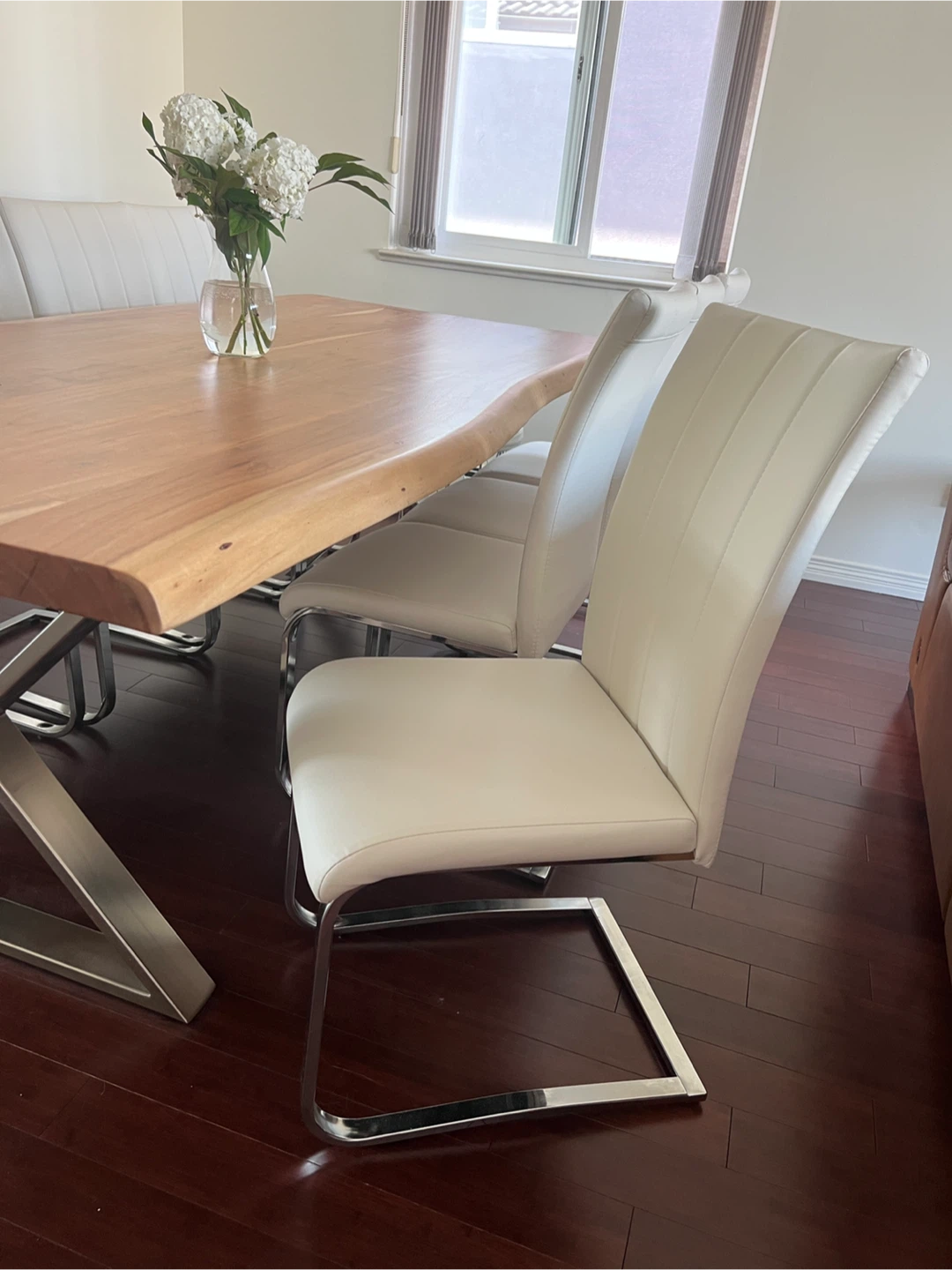 White Leather Chairs with Stainless Steel Legs