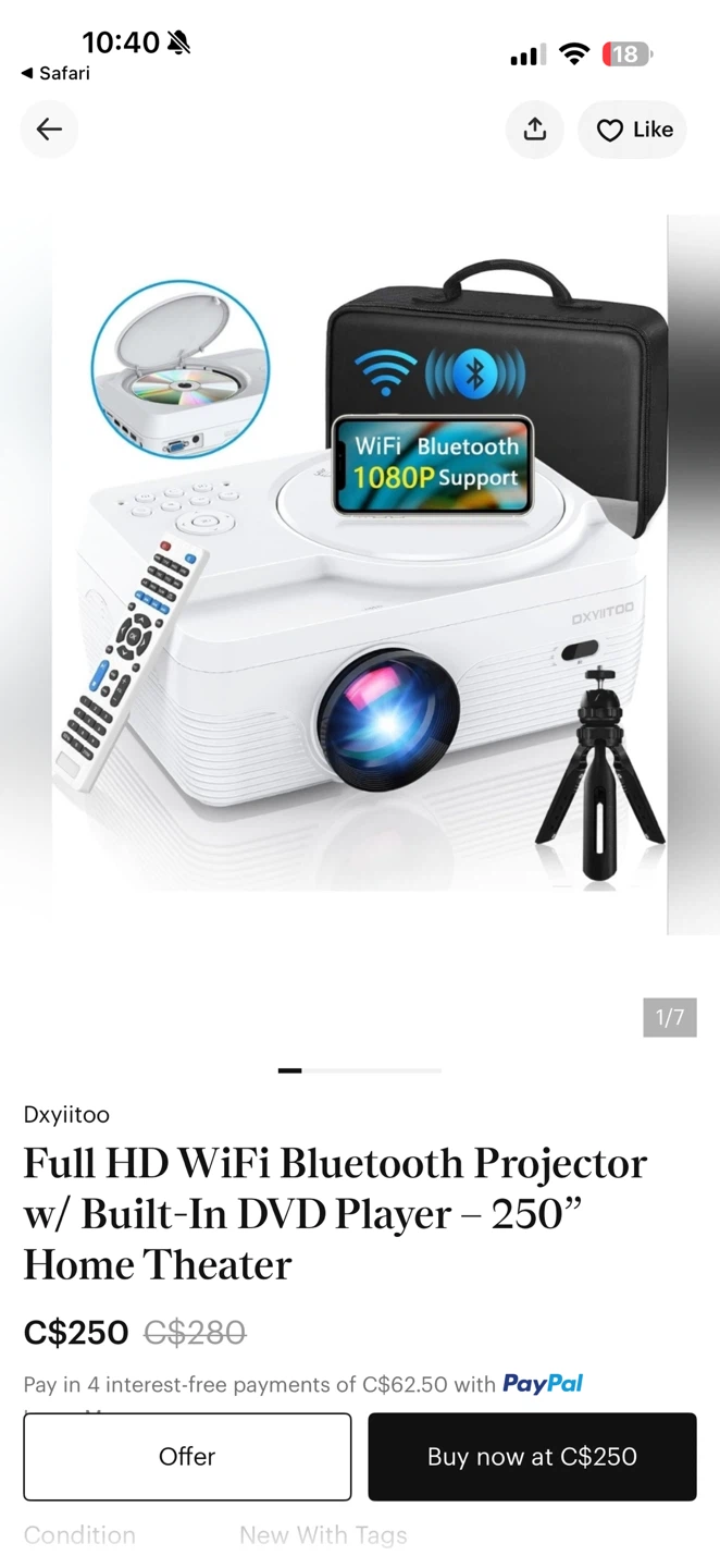 Dxyiitoo Full HD WiFi Bluetooth Projector w/ DVD Player