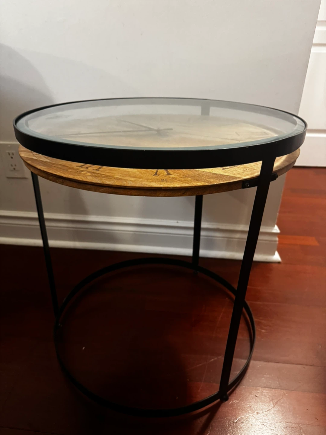 Round Wood and Glass Side Table with Clock Face