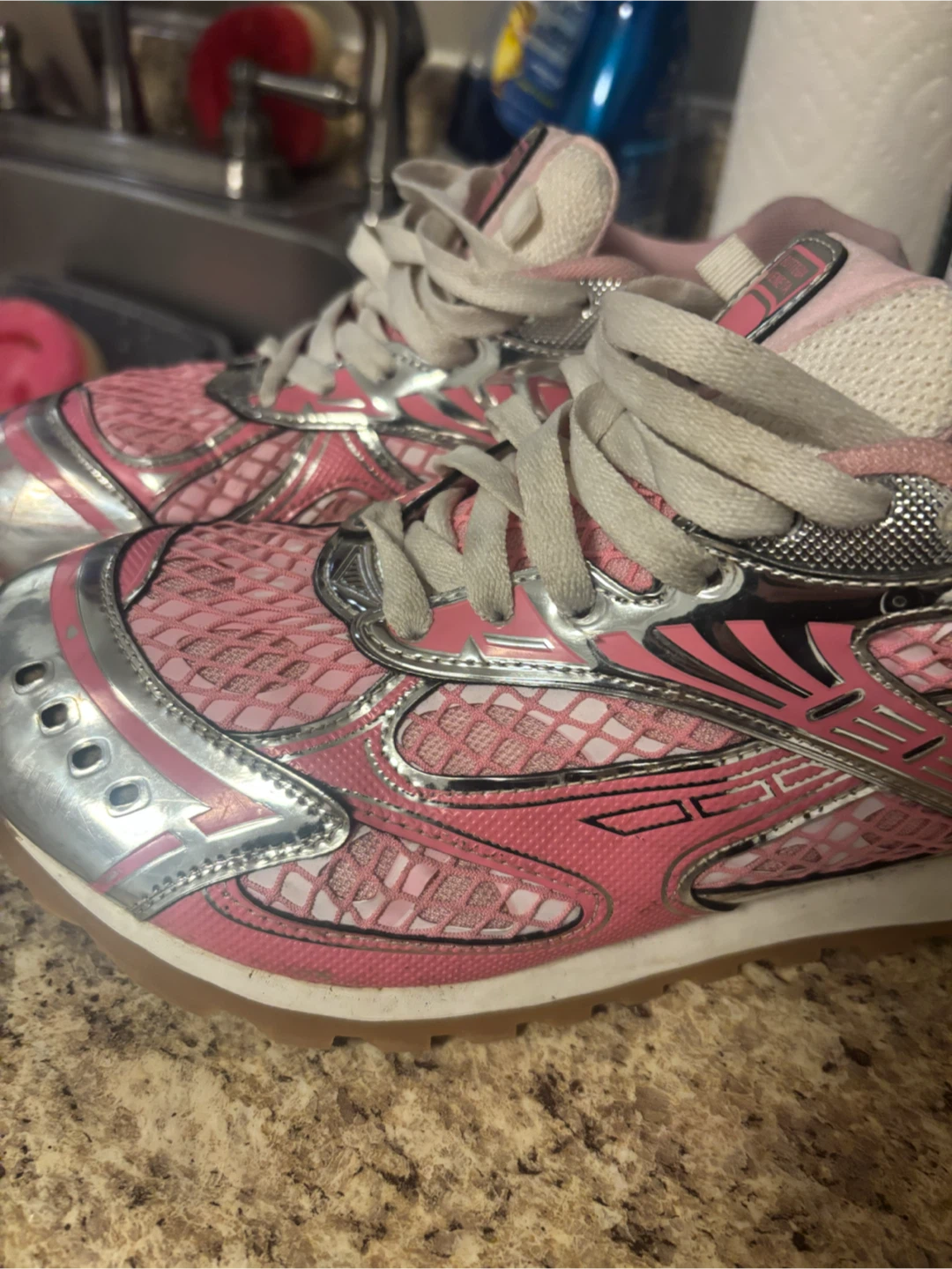 Bottega Veneta Pink & Silver Running Shoes - photo 2
