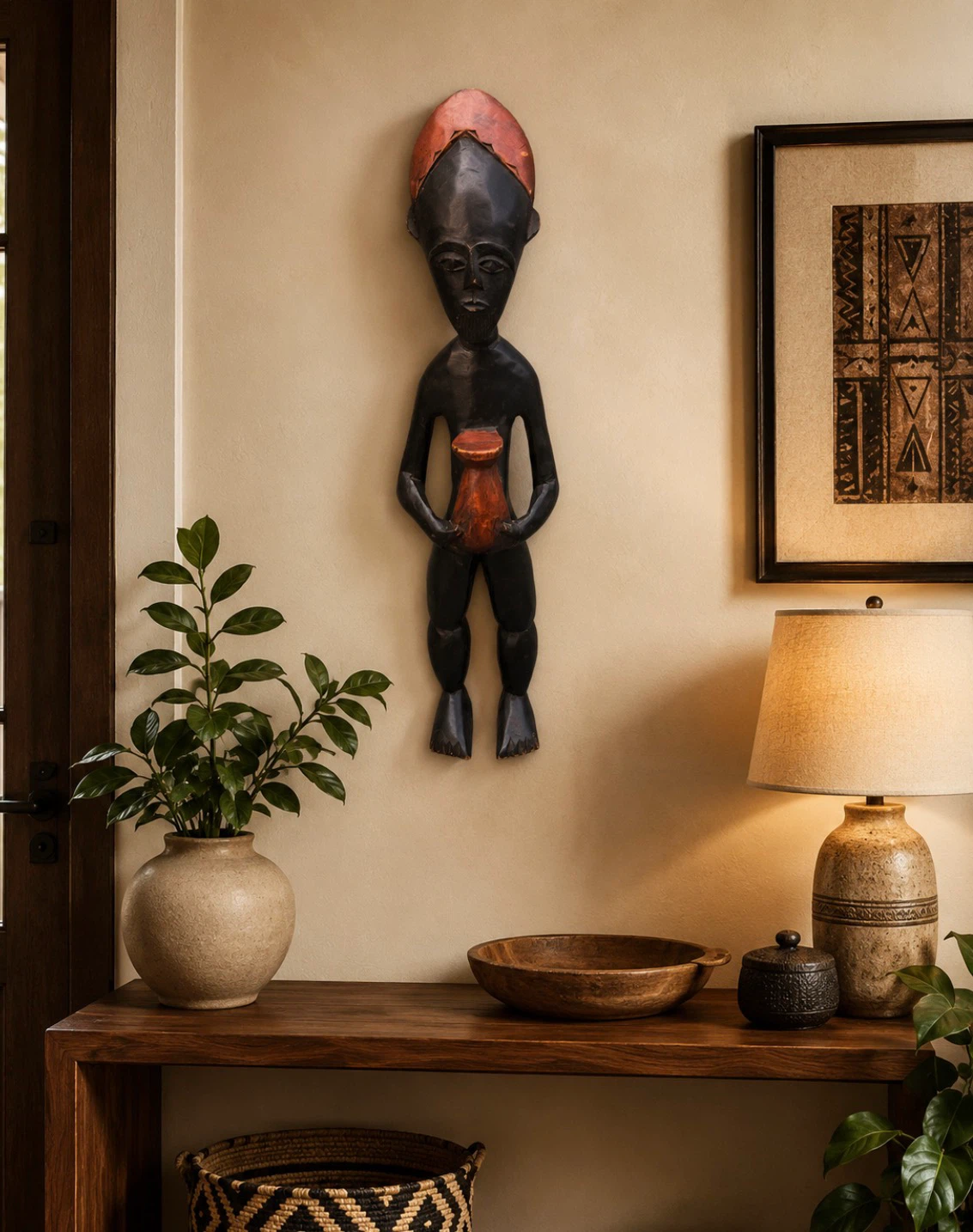 African Hand Carved Wood Figure Holding Vessel Elongated Mask