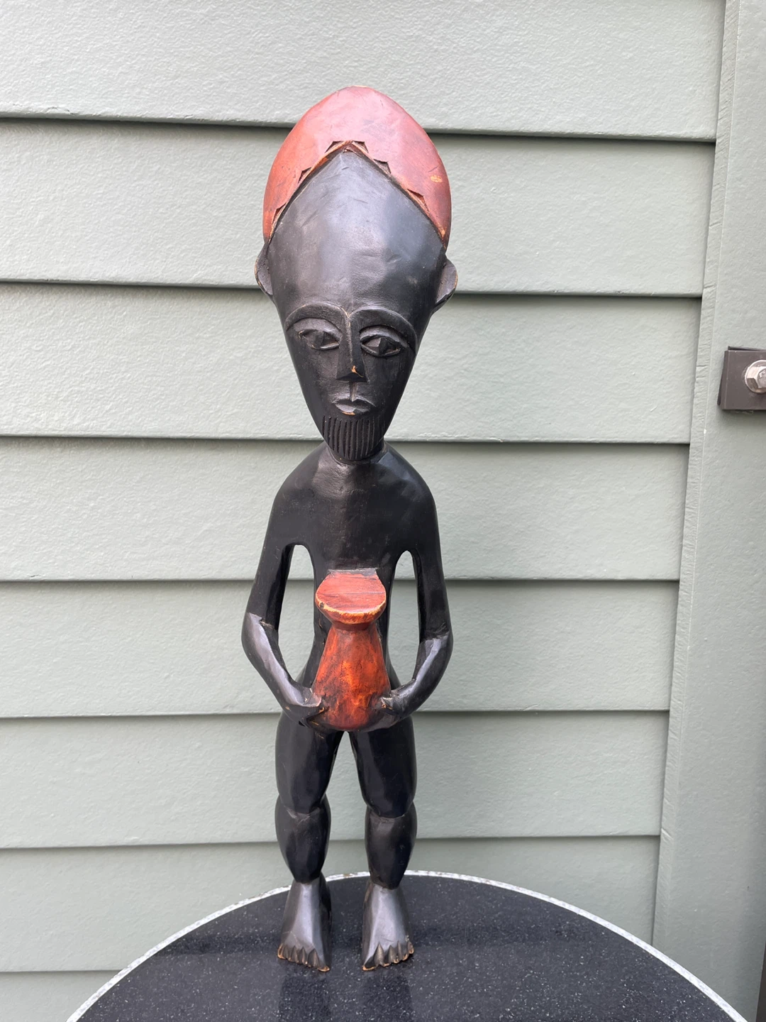 African Hand Carved Wood Figure Holding Vessel Elongated Mask - photo 2