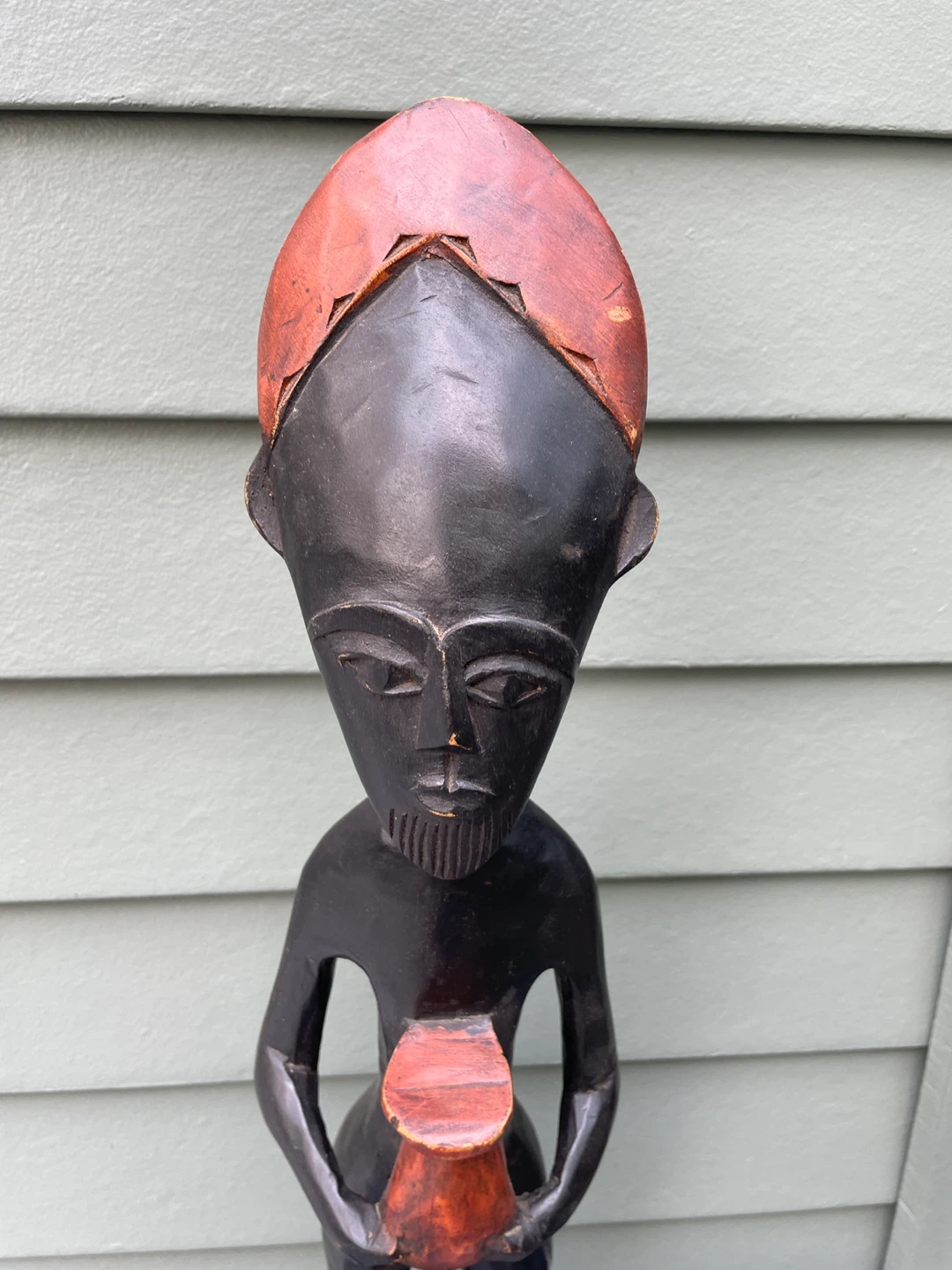 African Hand Carved Wood Figure Holding Vessel Elongated Mask - photo 3
