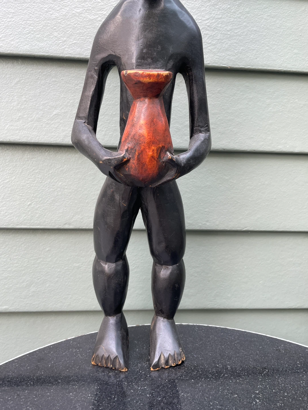 African Hand Carved Wood Figure Holding Vessel Elongated Mask - photo 4