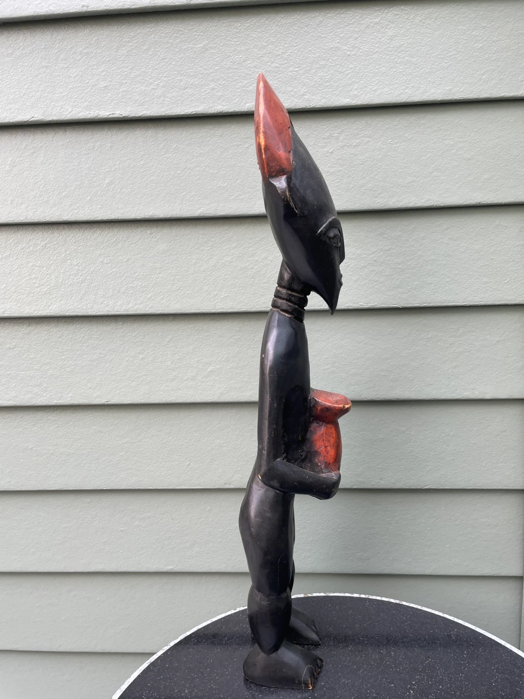 African Hand Carved Wood Figure Holding Vessel Elongated Mask - photo 5