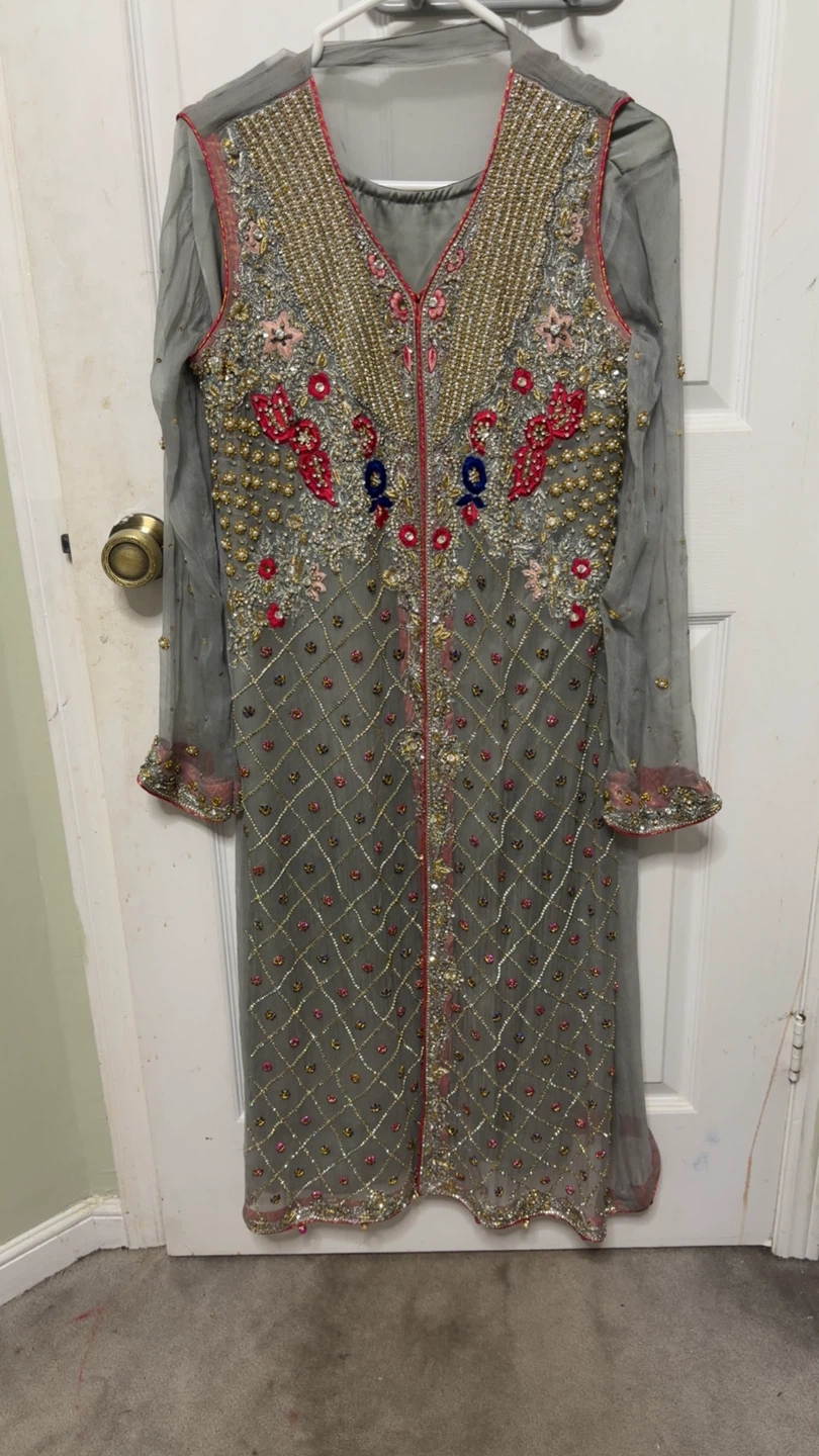 Embroidered Grey Kurti Set with Dupatta and Pants