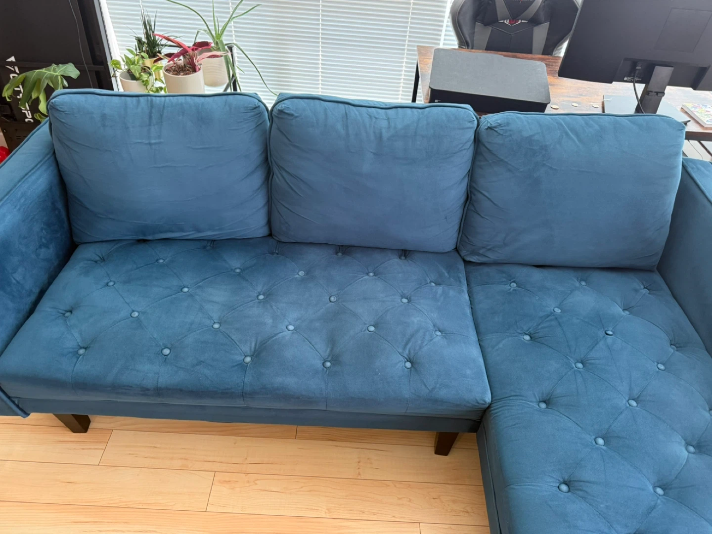 Blue Tufted Sectional Sofa with Chaise - photo 2