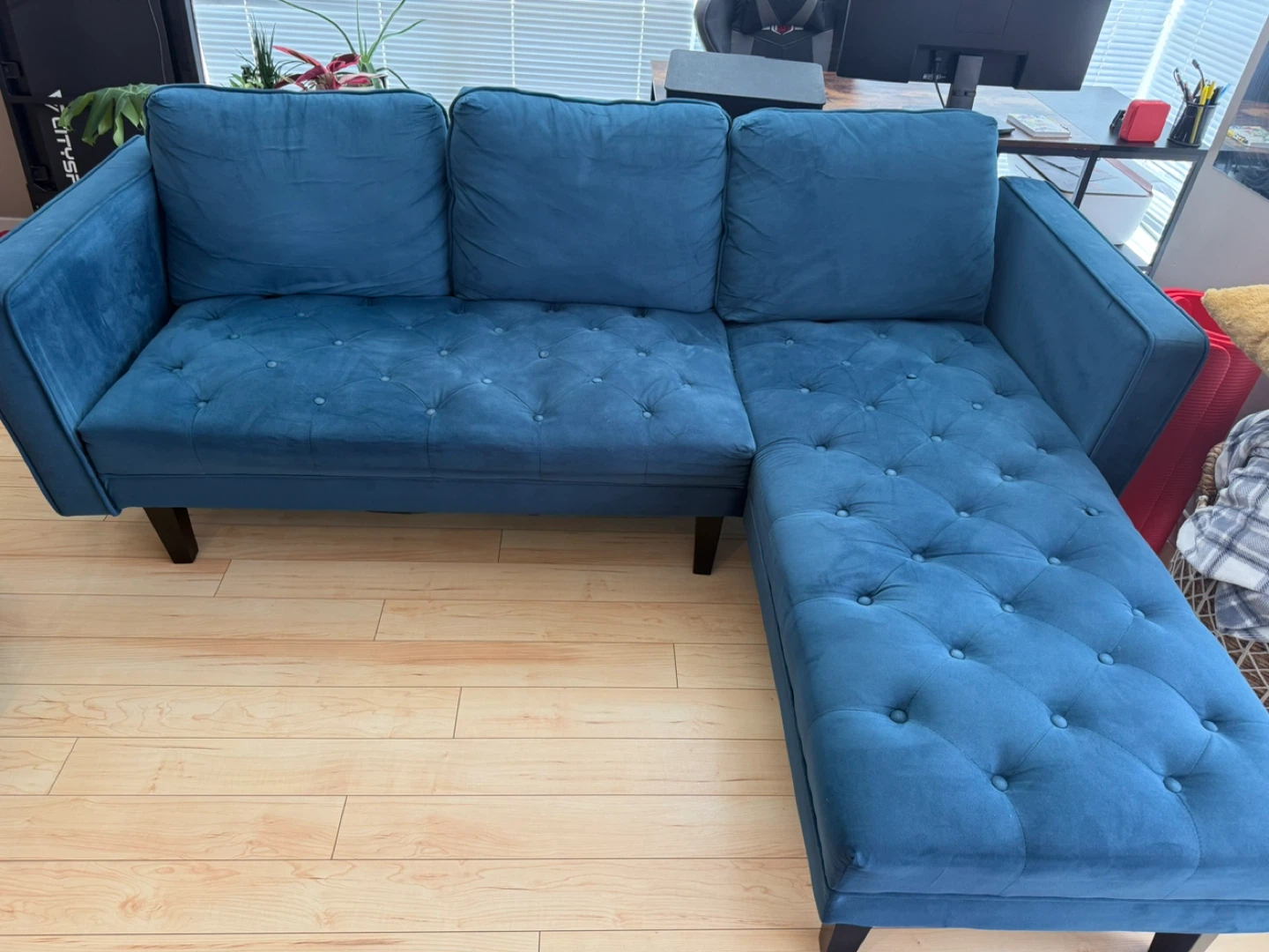 Blue Tufted Sectional Sofa with Chaise