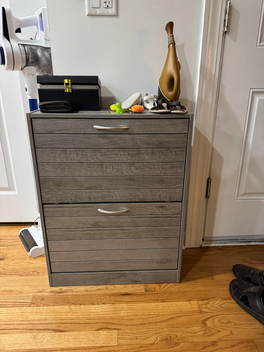 2-Drawer Gray Wood-Look shoe organizer