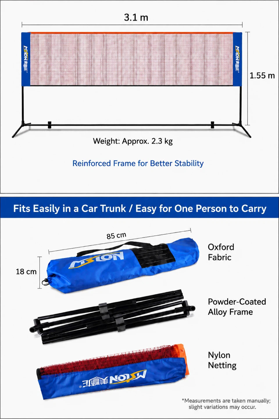Portable badminton net set in excellent condition.