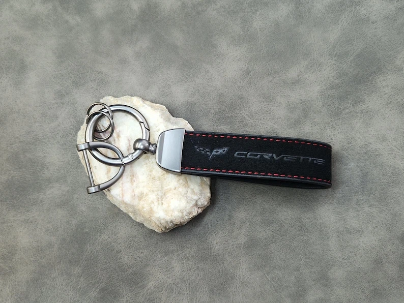 Corvette Keychain Black Suede Red Stitching