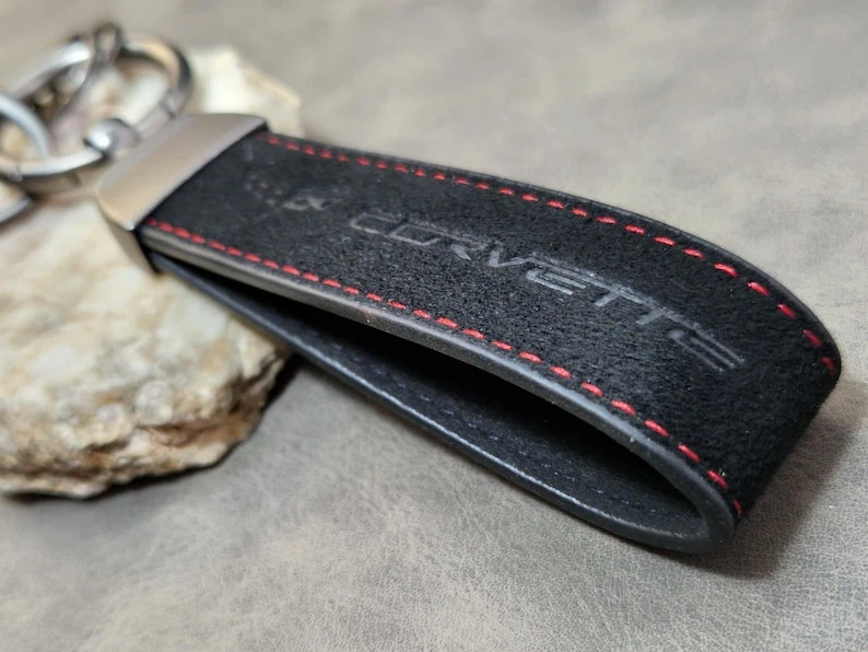 Corvette Keychain Black Suede Red Stitching - photo 2