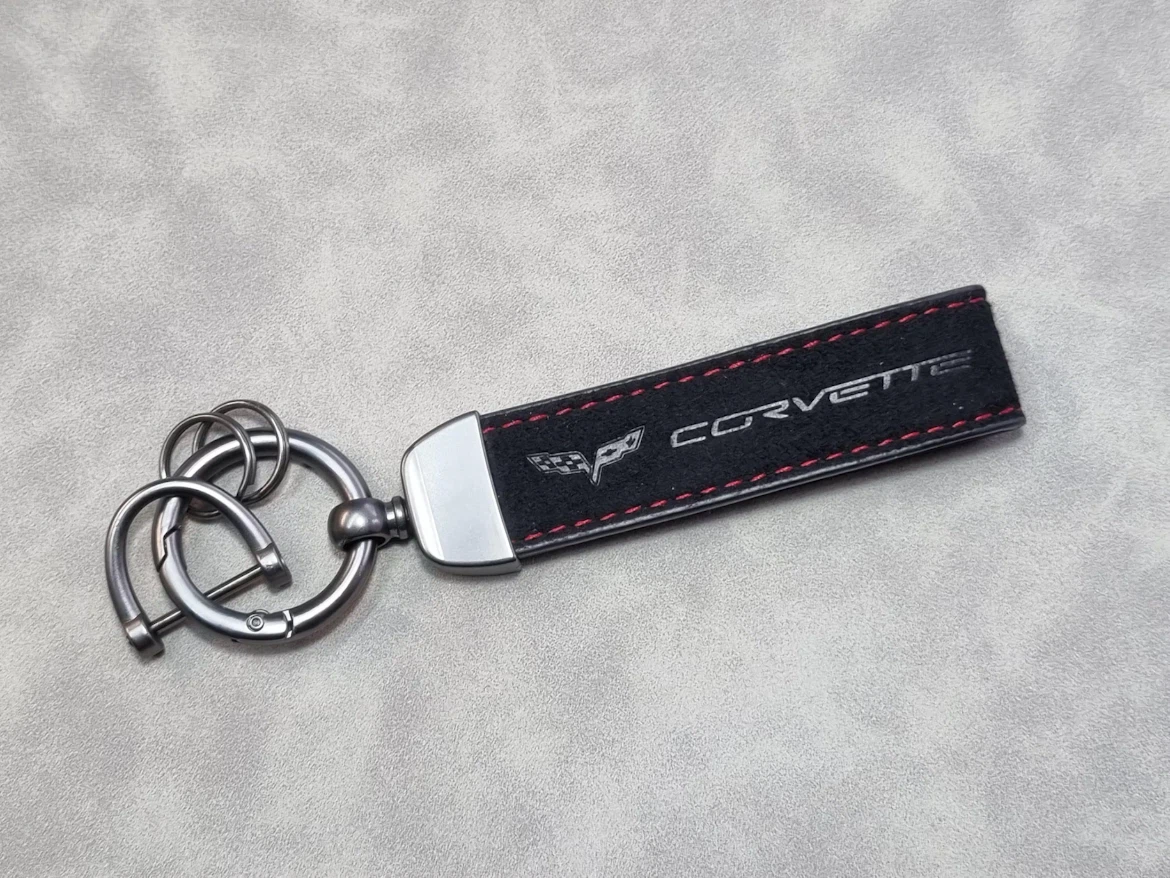 Corvette Keychain Black Suede Red Stitching - photo 3