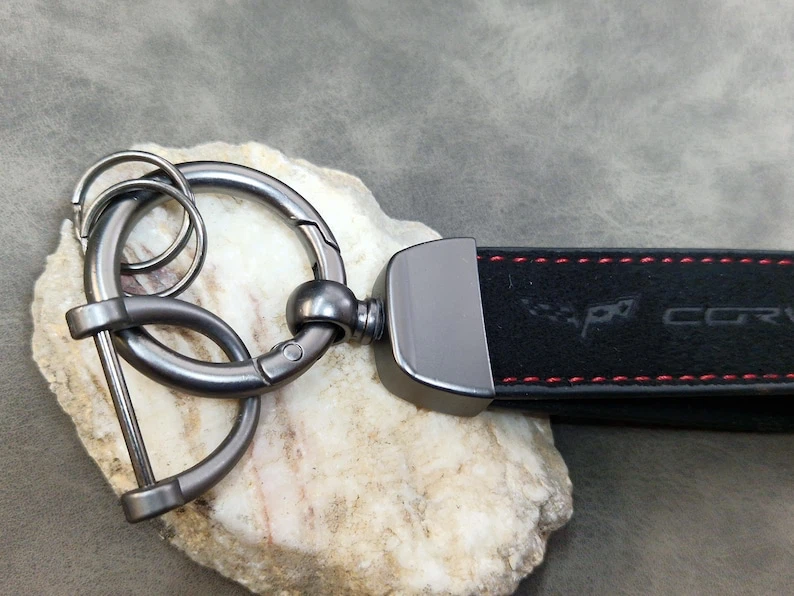 Corvette Keychain Black Suede Red Stitching - photo 4