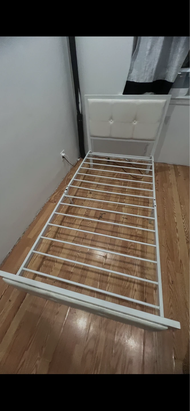 White Metal Bed Frame with Padded Headboard